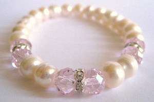 Pink Crystal Glass Bead Fresh Water Pearl Stretch Bracelet New with 