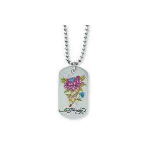   Ed Hardy Stainless Steel Diamond in Flower Dog Tag Necklace Jewelry