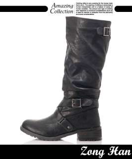  Low Heels Artificial Leather Combat Wood Heel Boots Black Brown  