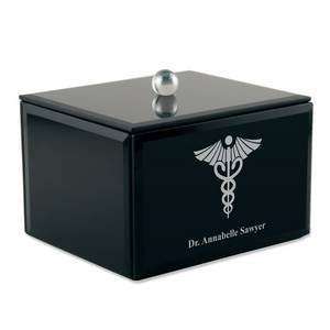   Black Glass Keepsake Box with Medical Caduceus 