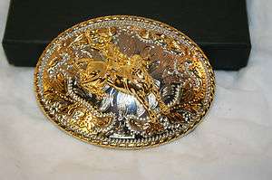 Bull Rider Western Belt Buckle Round Silver and Gold Tone Metal  