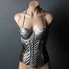 Metallic Silver Futuristic Sheer Mesh Cage Back Corset Bustier Shirt 