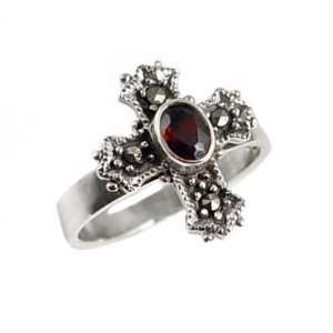 Medieval Cross with Marcasite and Garnet Sterling Silver Ring Size 5 