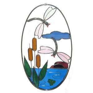    Stained Glass Dragonfly and Cattails on Oval Ring 