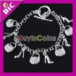 Fashion Charm Women Silver Plated Heeled Shoes Hand Bags Bracelet 