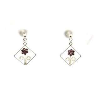  925 Silver Small Amethyst Flower Crystal Drop Earrings 