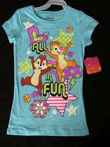   GIRLS BLUE DISNEY T SHIRT WITH CHIP N DALE ALL IN FUN XS 4/5 S 6/6X