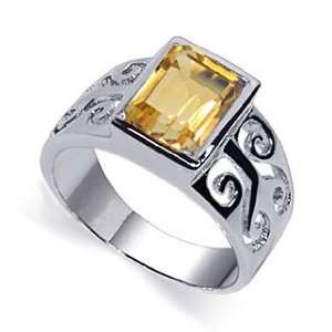   Silver Emerald Cut Band Citrine Gemstone Ring Size 4.5 Jewelry