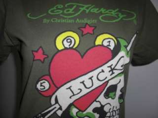 ED HARDY ~LUCK~ Skulls Sword Heart Shirt Tee Top Sz L  