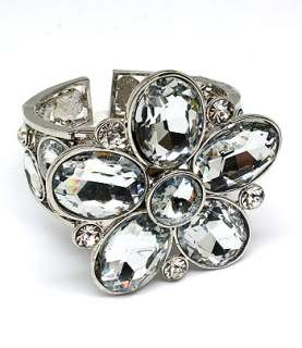 CLEAR CRYSTAL FLOWER BRIDAL PAGEANT COUTURE STAGE WIDE SILVER CUFF 