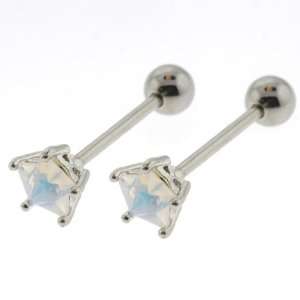  Tongue Barbell with Star Shaped Opalite, 5 Prong Set, 8mm 
