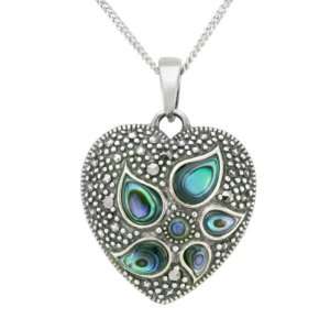   Silver Marcasite Abalone Flower on Heart Pendant Necklace, 18