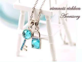 Korean Style Fine Acid blue facets Crystal key&Lock Necklace  