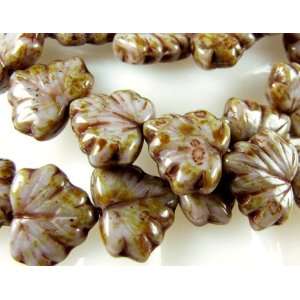 Czech Glass Maple Leaf Beads, 10x13mm, Dusty Lavender Picasso, Qty 10