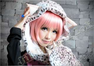 lolita Cosplay cute Ocelot kitty Leopard fur hoodie scarf wrap pink 