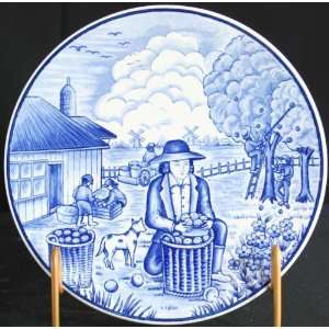 Vintage Japanese Blue White Delft Ceramic Transferware Plate Apple 
