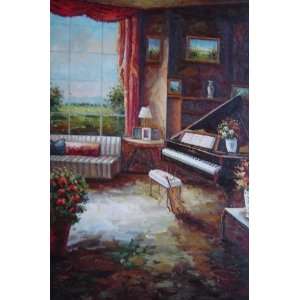 Family Living Room with Piano Oil Painting 36 x 24 inches  