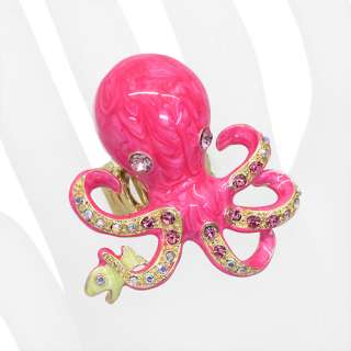 Octopus Enamel Crystal Animal Stretch Ring Pink  