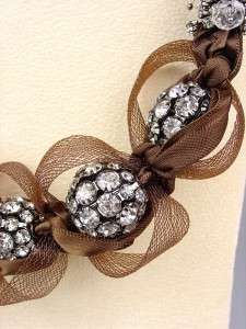 SPARKLE Brown Satin Antique Rhinestone Balls Crystals Tulle Necklace 