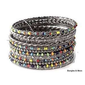  Set of Multi Color Beaded Silver Tone Bangles: Jewelry