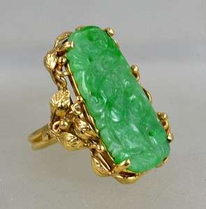 Mings Mings Hawaii 14k Gold Carved Jade Jadeite Vintage Ring 