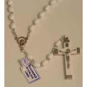  Italian Rosary with White & Silver Cross and Oval Beads in 