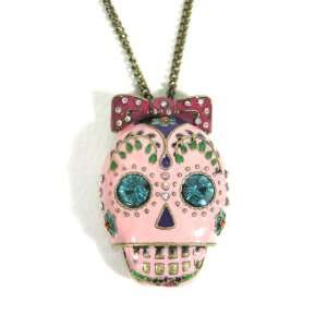 Sugar Skull Necklace Pink Crystal Bow Gothic Punk Skeleton Charm 