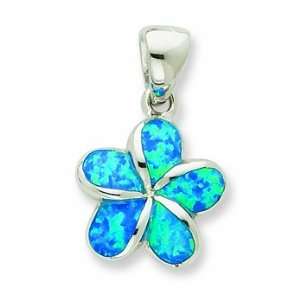    Sterling Silver Created Blue Inlay Opal Flower Pendant Jewelry