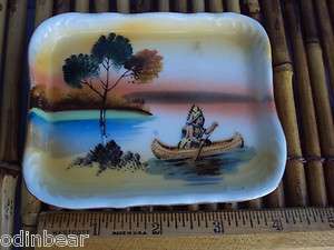   PIN DISH TRAY NATIVE AMERICAN INDIAN in CANOE Japan red mark  