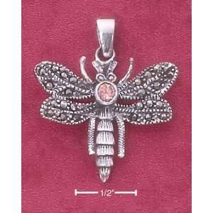  Marcasite Dragonfly Pendant with Pink Cz Sterling Silver 
