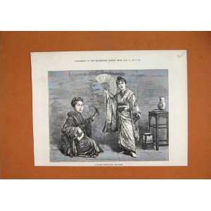  1874 Japanese Dancing Girl Practising Music Old Print 