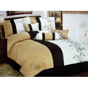 7pc King 100% Cotton Black/gold/beige Comforter Set Spread 