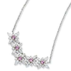  Ster Silver Rhodium Plated CZ & Sapphire Flower Necklace 