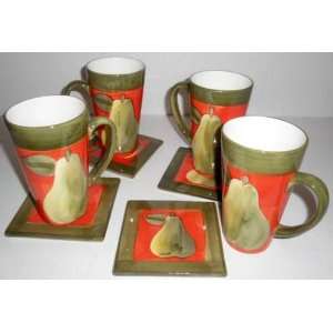  Pear Theme Latte Mugs & Coasters   8 Piece Set Kitchen 