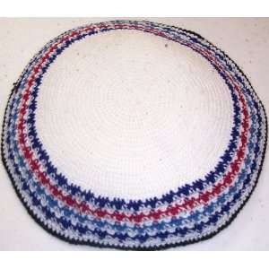  White Crocheted Kippah Yarmulke with Blue & Red Design 