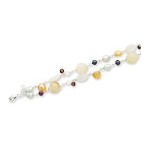   Silver Cats Eye/Cultured Pearls/Quartz/Yellow Jade Bracelet: Jewelry