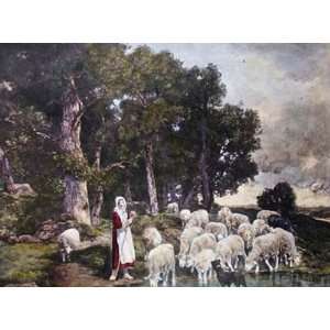  Shepherdess and Sheep Etching Jacques, Charles Emile 