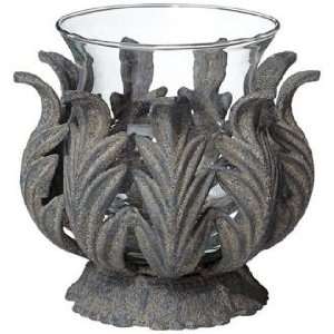   Curled Leaf Metal Base and Glass Pillar Candle Holder