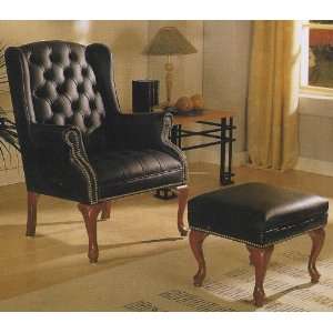  Dark Blue leather wing chair with ottoman: Home & Kitchen