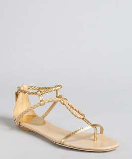 Gucci gold and light powder braided leather flat sandals