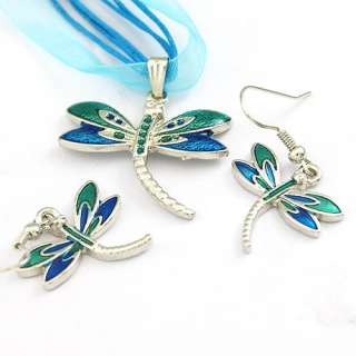 H991 Cute Lively Dragonfly Gemstone CZ Necklace Pendant Earrings Set 