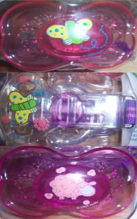 New Nuby Brites 2 Pacifiers & Holder & Printed Shield, Baby Shower 