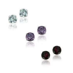   Silver Amethyst, Blue Topaz & Garnet Stud Earrings Set   6mm: Jewelry