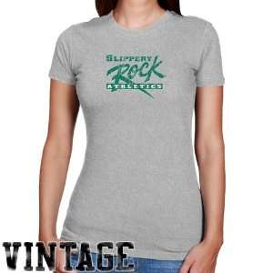 NCAA Slippery Rock Pride Ladies Ash Distressed Logo Vintage Slim Fit T 