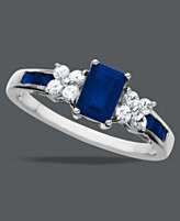 14k White Gold Ring, Blue and White Sapphire Round and Emerald Cut 