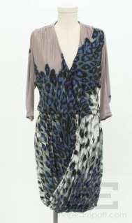 Tibi Blue & Grey Leopard Print Long Sleeve V Neck Draped Dress Size 