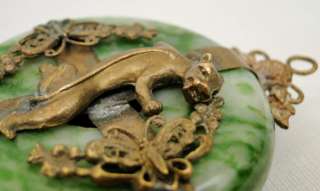   Chinese Green Moss Agate Hardstone W/ Gilt Metal Panther Amulet  