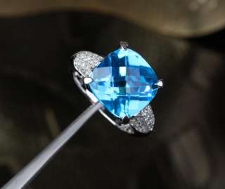 Natural 9.52ct Blue Topaz 14K White Gold Pave .54ct SI/H Diamond 
