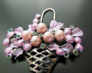 Vintage Inspired Silver Tone Pink Pearl Green Glitter Flower Basket 