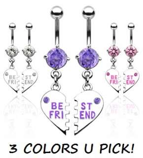 PAIR BEST FRIENDS HEART CZ BELLY NAVEL RING CHARM BFF SET BUTTON 